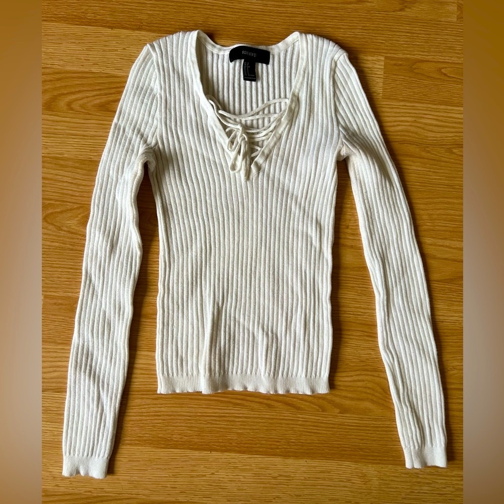 Forever 21 Cream Ribbed Long Sleeve Tie Front Top